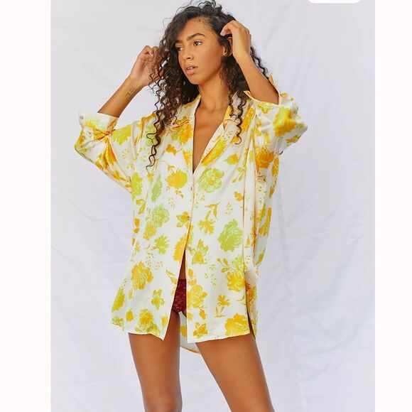 Free People Intimately Silkin' Around Sleep Shirt Yellow Floral, L - Picture 1 of 10